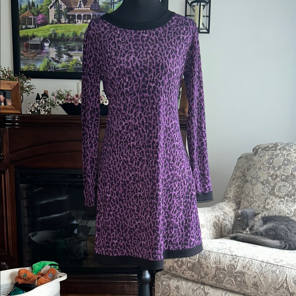 MICHAEL Michael Kors Black and Purple Patterned Long Sleeve Dress